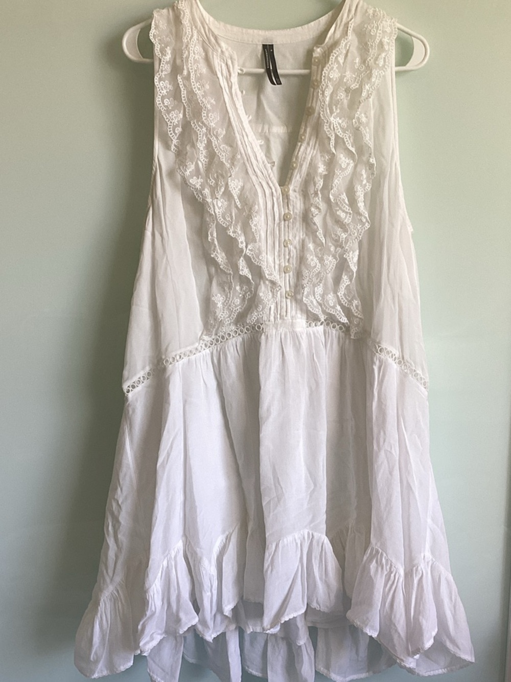 Anthropologie White Ruffled Lace-Trim Sleeveless Dress